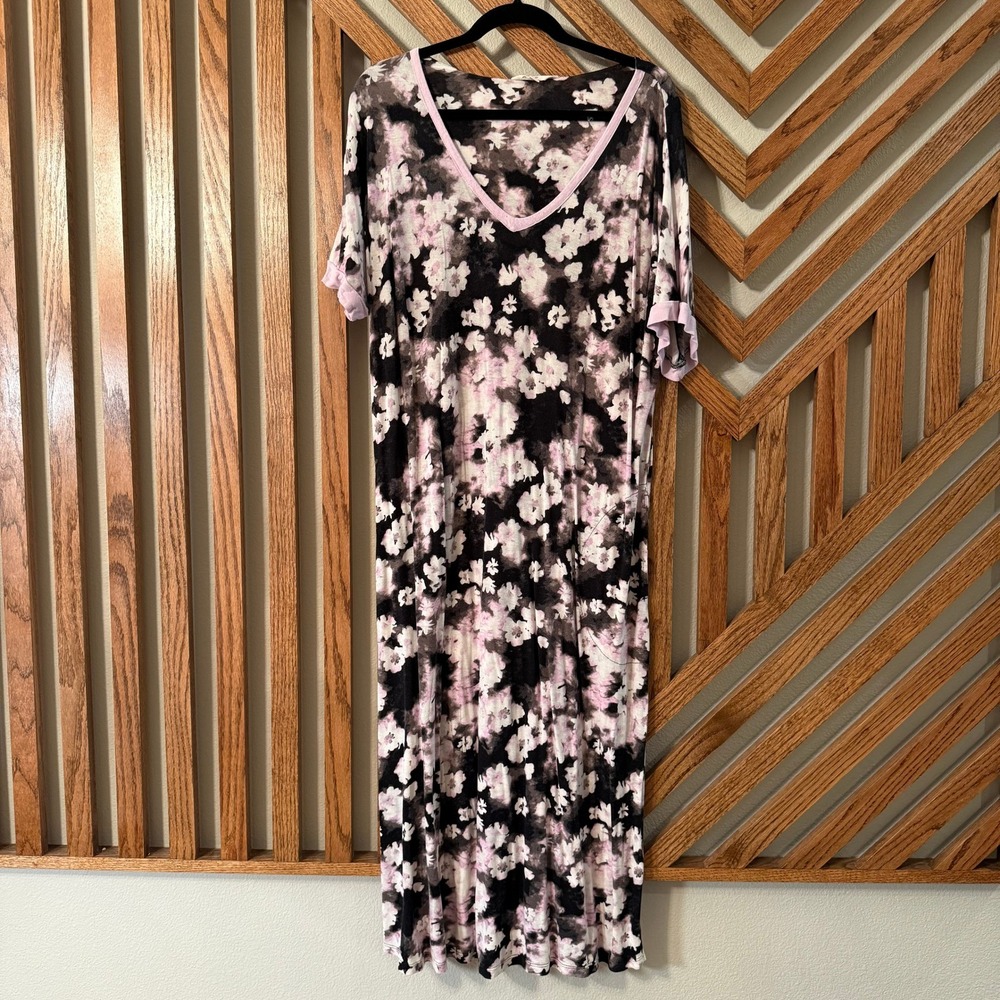 Romantic Floral Secret Treasures Maxi Nightgown L Pink Black Flutter Sleeve